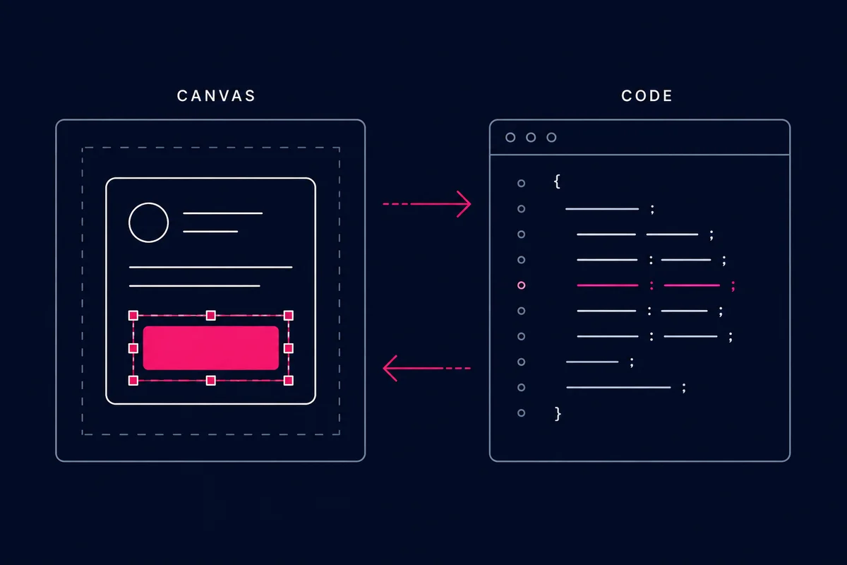 A visual canvas and code editor with a matching property highlighted, connected by arrows in both directions.