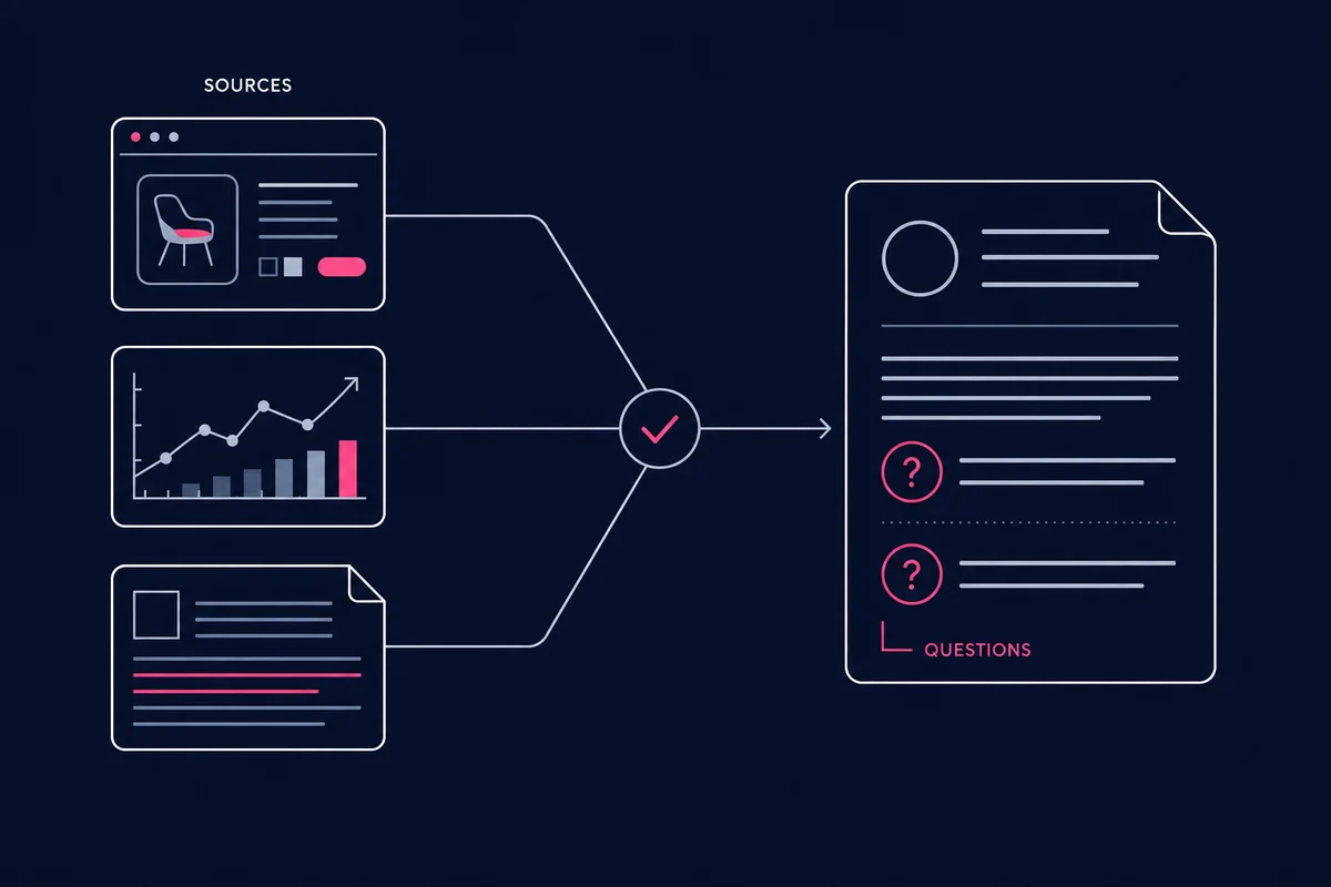Product examples, market signals, and source documents pass through an evidence check to become focused research questions.